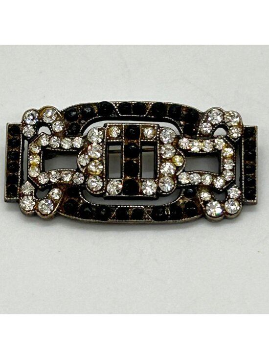 Estate Jewelry - Vintage Art Deco Style Rhinestone Brooch Silver Tone GeometricTrombone Clasp